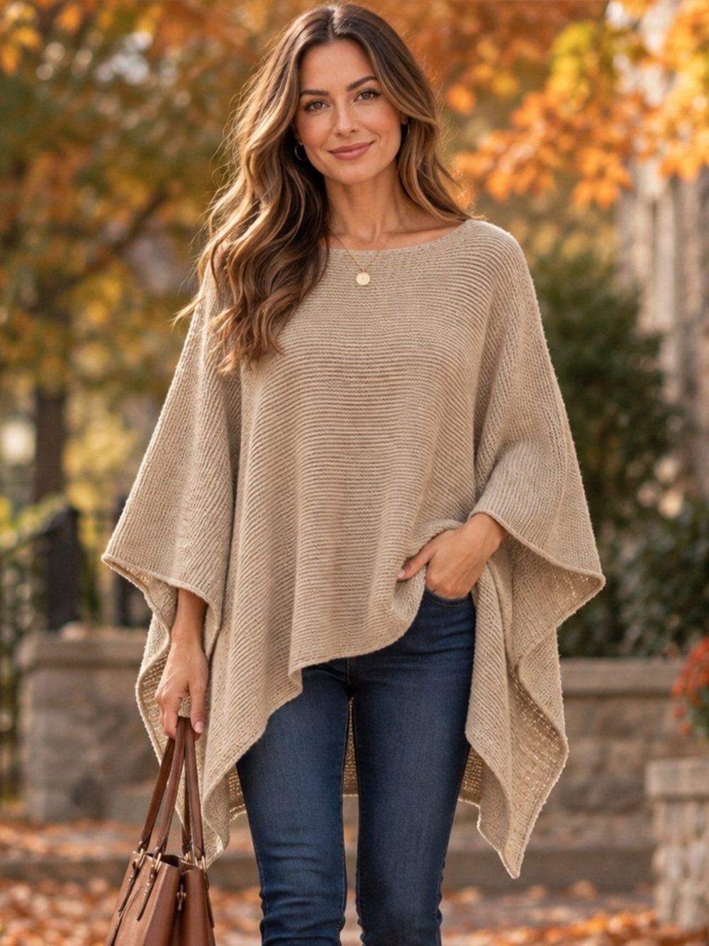 Jones New York Beige Wool Blend Knit Poncho L Cape Sweater Quiet Luxury Boho